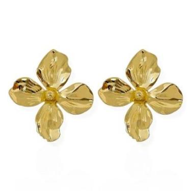 Imagem de Brinco Feminino Folheado a Ouro 18k Design Flor Texturizada Dourado-Feminino