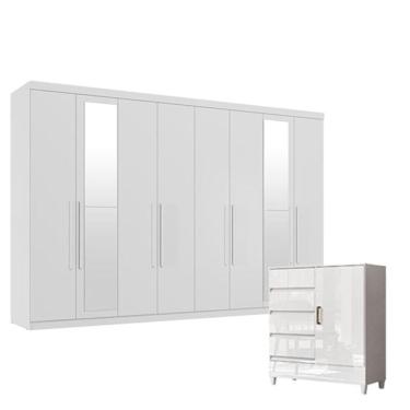 Imagem de Guarda Roupa Casal New Master 8 Portas 4 Gavetas Com Espelho E Cômoda Fit 4 Gavetas 1 Porta Branco Brilho- Santos Andirá