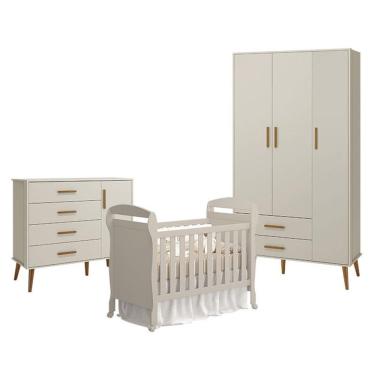 Imagem de Quarto De Bebê 3 Portas Com Cômoda Com Porta Isis E Berço Americano Danny Areia Acetinado - Reller