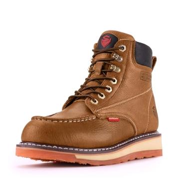 Imagem de SUREWAY Botas masculinas de couro de flor integral moc toe botas de trabalho masculinas com sola anabela, botas de segurança, Bico de aço marrom claro, 8