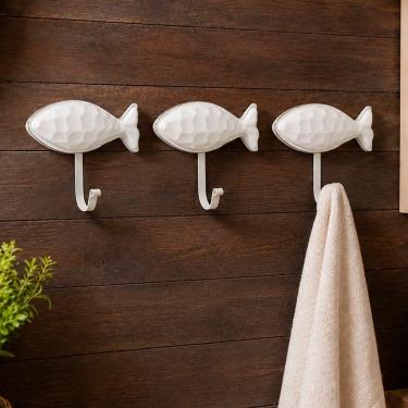 Imagem de Porta Toalha Suporte Gancho Cabideiro de Parede Modelo Peixe Decorativo Kit 3 Peças Branco Madeira e Metal