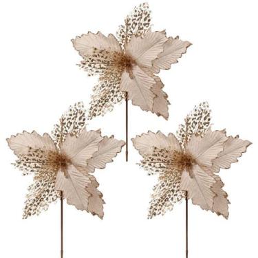 Imagem de Kit 3 Flores Bico de Papagaio Natalina Luxo Champanhe Tecido Frisado G