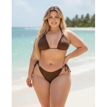 Imagem de Biquini Plus Size Cortininha Ajustavel Calcinha Amarração - MEG, Marro