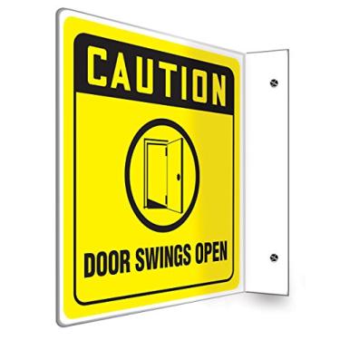 Imagem de ACCUFORM Placa de projeção 90D SIGNS PSP233, legenda "Caution Door Swings Open" com gráfico, painel de 20 x 20 cm, plástico de alto impacto de 0,25 cm de espessura, orifícios de montagem