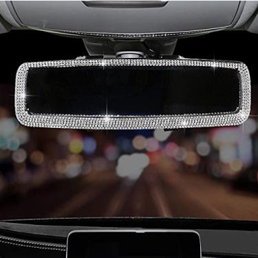 Imagem de WedFeir Espelho retrovisor de carro brilhante com strass, retrovisor do carro com diamantes de cristal brilhantes e strass retrovisor do carro para mulheres, acabamento interior do carro, aniversário (prata)