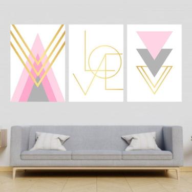 Imagem de Kit 3 Quadros Decorativos Love Triângulos Rosa/Dourado