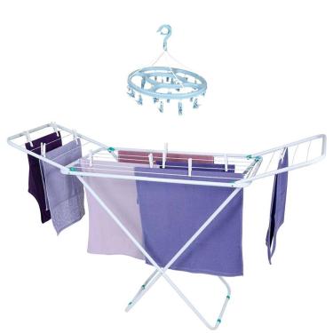 Imagem de Kit Varal Chão Com Abas 144cm Aço Roupas Dobrável + Mini Varal Redondo Prendedor - Mor