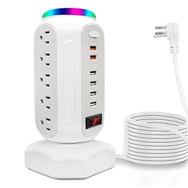 Imagem de Torre de tira de energia, 15 tomadas, 6 portas USB, protetor contra sobretensão com luz LED colorida e carregador rápido USB, estação de carregamento de mesa com cabo de extensão resistente de 2 m para home office (branco)