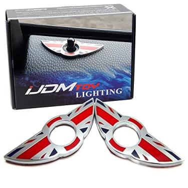 Imagem de iJDMTOY (2) Anéis de emblema de asa estilo Union Jack para puxadores de porta MINI Cooper R55 R56 R57 R58 R59, design de bandeira do Reino Unido vermelho/azul (não serve para modelos R60 R61 nem F55 F56)