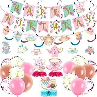Imagem de 27 peças de artigos florais para festa de chá com faixa de aniversário de chá floral para decoração de chá para decoração de festa de chá floral