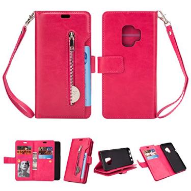 Imagem de Capa para Samsung Galaxy S9, carteira de couro PU Folio Flip Case com zíper bolso slots para cartão fecho magnético capa protetora à prova de choque com alça de pulso para Samsung Galaxy S9 (rosa vermelha)
