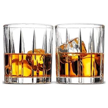Imagem de Conjunto de decantador de uísque Decantador de vinho Conjunto de 2 taças de uísque de estilo europeu para coquetel aristocrático requintado design listrado taças de uísque, para bebidas alcoólicas e coquetéis à moda antiga