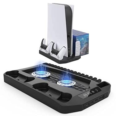 Imagem de Dock para estação de carga do controlador duplo PS5, sistema de ventilação vertical com indicador LED e 3 portas USB, refrigerador para PlayStation 5 versão de drive digital/óptico