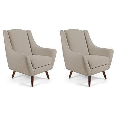 Imagem de Kit 02 Poltrona Decorativa Fixa Pés de Madeira Juliet D02 Linho Bege C-129 - Lyam Decor