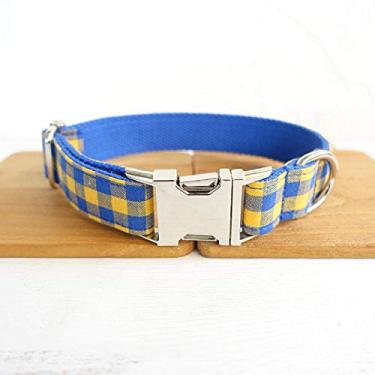 Imagem de Conjunto de coleira para cães xadrez azul e amarelo, coleira de nylon para animais de estimação, adequada para cães pequenos, médios e grandes