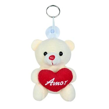 Imagem de Mini Ursinho de Pelúcia Chaveiro Ventosa Com Coração 10cm (Creme)