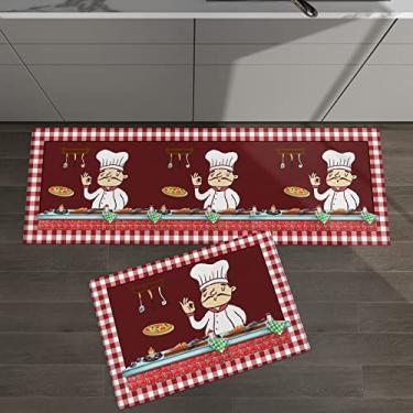 Imagem de Conjunto de 2 tapetes de cozinha decoração de cozinha chef gourmet comida mesa de jantar vinho tinto búfalo verificação para tapetes e tapetes acolchoados antiderrapante absorvente corredor confortável tapete de pé
