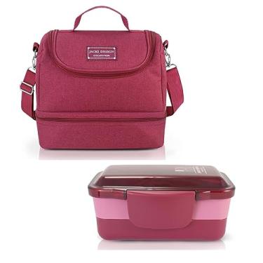 Imagem de Kit Bolsa Termica com 2 compartimentos e Pote Marmita 2 Andares 950ml Hermetico Fitness (Vinho)