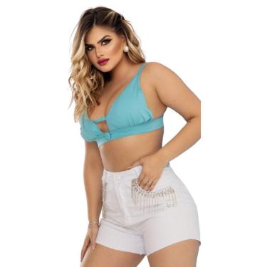 Imagem de Short Feminino Jeans Branco Barra Fio Com Strass e Pedraria