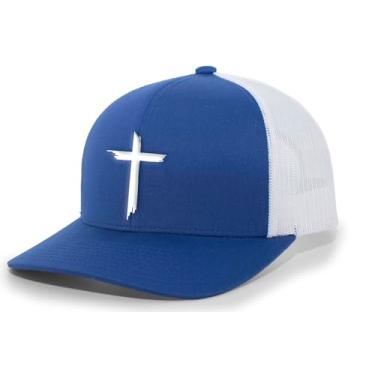 Imagem de Boné masculino cristão escovado cruz bordado malha traseira Trucker Hat, Azul royal/branco, Tamanho �nica