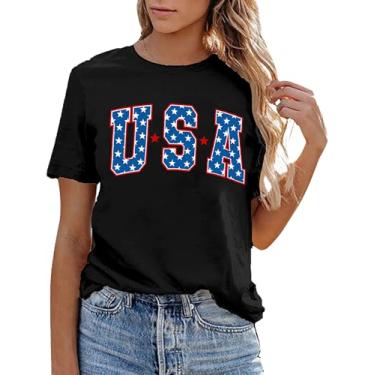 Imagem de Camiseta feminina com bandeira dos EUA, presente de 4 de julho, casual, manga curta, camiseta American Proud, Preto (Starblack), G