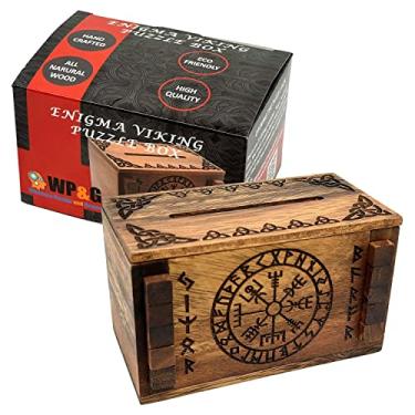 Imagem de Caixa de quebra-cabeça secreta Enigma Viking – Porta-dinheiro e cartão de presente em um cadeado de madeira IQ Trick com compartimentos ocultos