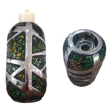 Imagem de Castiçal De Cerâmica Porta Velas Verde Decorativo 23,5 X 12 - Vacheron