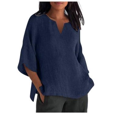 Imagem de Lainuyoah Camisas de linho femininas folgadas manga 3/4 comprimento verão túnica tops 2024 fenda lateral blusas elegantes plus size, D - Azul-marinho, P