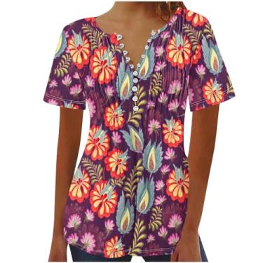 Imagem de MaMiDay Blusas femininas modernas para o verão, estampadas, casuais, manga curta, gola V, botões para leggings, A02# Multicolorido, 3G
