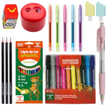 Imagem de Kit de Material Escolar Completo Canetinha com Carimbo Lapis de cor Apagável Canetas Gel - Leo e Leo (Vermelho)
