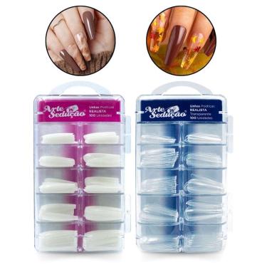 Imagem de Kit 200 Unhas Postiças Realista Transparente e Branca