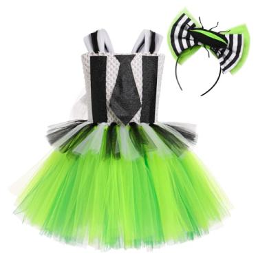 Imagem de Fantasia de Halloween feminina listrada em preto e branco com faixa de cabeça e babados tule, vestido tutu para crianças, Verde, 4-5 Anos