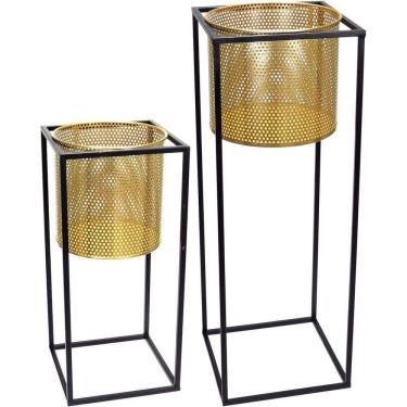 Imagem de Jogo 2 Cachepô Decorativo Vaso Planta Home&co Metal Dourado - G:70x25x25 P:48x22x22 Cm
