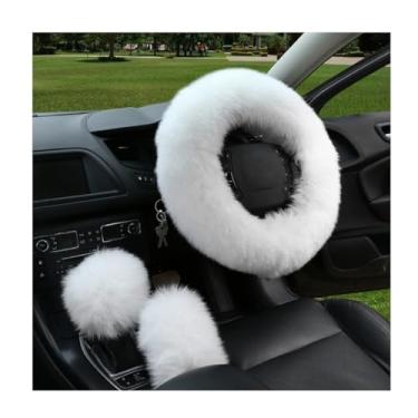Imagem de Ohleats 3 peças de capa de volante de lã pura, protetor de volante peludo de 38 cm com freio de mão e capa de câmbio de marcha, acessórios de carro de volante macios e macios universais (branco)