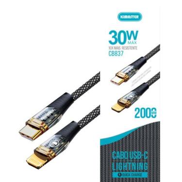 Imagem de Cabo turbo 2m com led usb-c/ lightning 30w cb837p - Kimaster