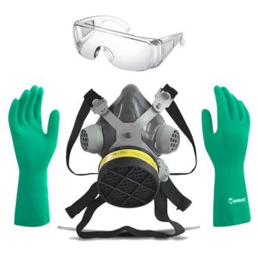 Imagem de Kit Máscara Respirador Óculos de Segurança Luva Látex EPI - Alltec