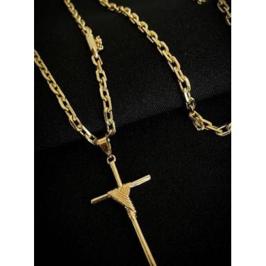 Imagem de Cadeado 4mm + Pingente Crucifixo Banhado a Ouro 18k 70cm - Tojoia18K
