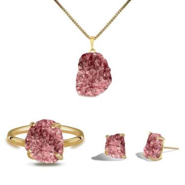Imagem de Conjunto Natura Lepidolita Rosa - Cristal Natural, Banho Ouro 18k