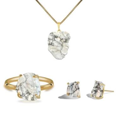 Imagem de Conjunto Natura Howlita - Cristal Natural, Banho Ouro 18k