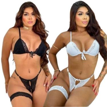 Imagem de Kit 2 Conjunto De Langerie Feminino De Renda Luxo Fio Dental Lingerie 
