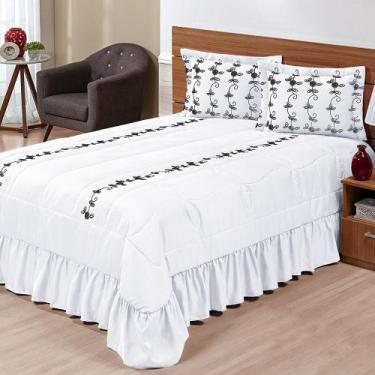 Imagem de Kit Cobre Leito Casal Padrão Lisse 03 Peças Colcha Branco c/ Preto - B