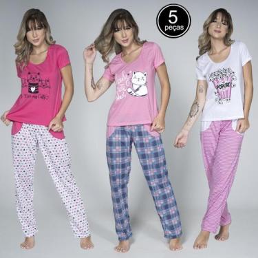 Imagem de Kit 5 Pijamas Feminino Calça Longa Estampada Blusa Manga Curta - WLS M