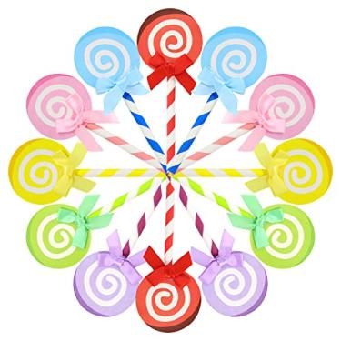 Imagem de yueton 48 peças bonito redondo colorido redemoinho doce laço pirulito cupcake toppers topos de bolo doce doce decoração de bolo de festa tema candyland para aniversário, casamento, festa, Natal