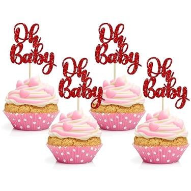 Imagem de Gyufise 36Pcs Oh Baby Cupcake Toppers Glitter Baby Shower Cupcake Picks for Gender Reveal Baby Shower Kids Boys Girls Birthday Party Cake Decorations Supplies Red