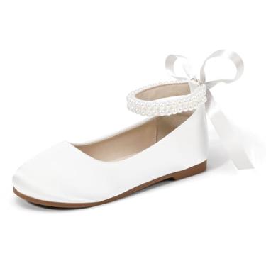 Imagem de Hehainom Sapatos sociais para meninas, meninas, florista, para crianças pequenas, Mary Jane, sapatilhas, laço de pérolas, festa de casamento, sapatos de comunhão, Whitesilk, 13 Little Kid