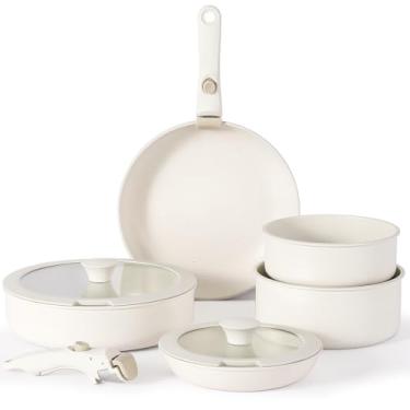Imagem de Vkoocy Non Stick Pot e Pan Set com Punho Removível, Conjunto de panelas de cerâmica Punho destacável, Indução Cozinha Camping Potes Empilháveis Panelas, Máquina de lavar louça/forno seguro, Creme