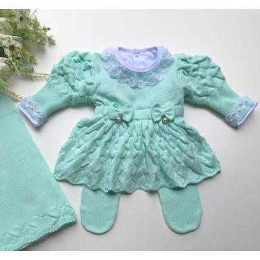 Imagem de Saída de maternidade de menina vestido bufante em tricot 4 peças - Din