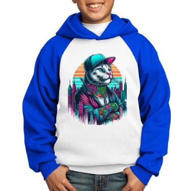 Imagem de Moletom Infantil Gato Urbano Arte - Foca na Moda, Branco, Azul, 8