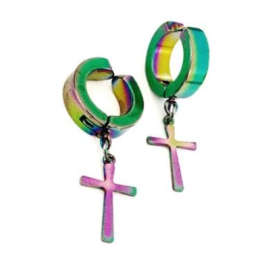 Imagem de Par De Brinco Argola Pressão C/ Cruz Aço Inox Furta Cor - ALRA SEMIJOI