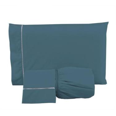 Imagem de Roupa de Cama Casal 400 Fios 3 Peças Toque Acetinado 100% Macio Azul -